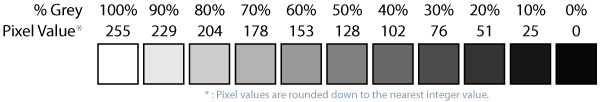 A chart of gray values, in ten percent increments.